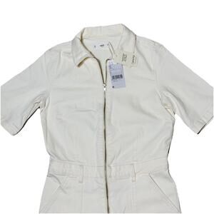 NEW MNG MANGO CREAM DENIM FRONT ZIP FLARED JUMPSUIT WOMENS L